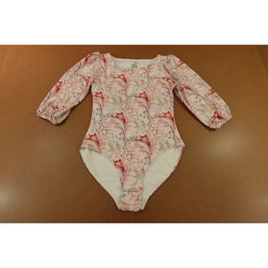 CVRGE Womens Size Small Pink Victorian Floral Puff Sleeve Capri Bodysuit NWT